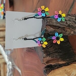 Handmade Mexican Beaded French/Shepard hook Earrings, Colorful Beaded flowers
